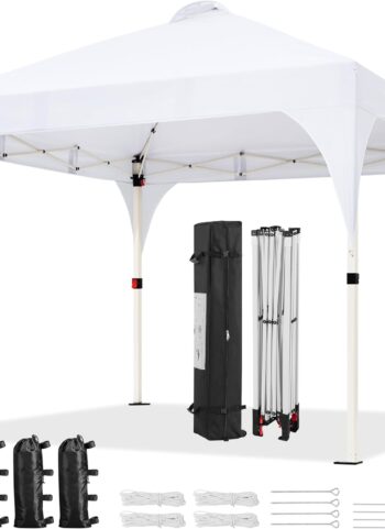 Yaheetech 10x10 Pop Up Canopy Tent with Vent, Easy Set Up Tent, Instant Sun Shelter Canopy with Wheeled Bag, 4 Sandbags, 12 Stakes & 4 Ropes, for Parties, Beach, Outdoor, White